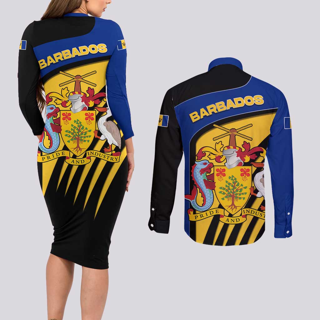 Barbados Flag and Coat of Arms Couples Matching Long Sleeve Bodycon Dress and Long Sleeve Button Shirt Blue Yellow Black Design with National Symbols - Wonder Print Shop