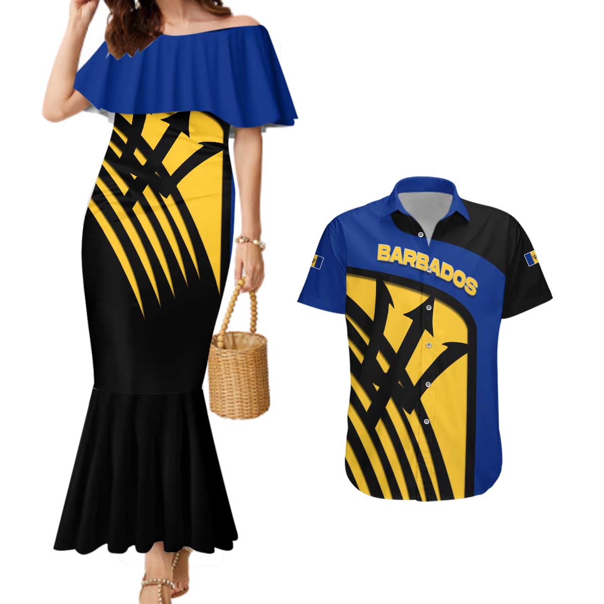 Barbados Flag and Coat of Arms Couples Matching Mermaid Dress and Hawaiian Shirt Blue Yellow Black Design with National Symbols - Wonder Print Shop
