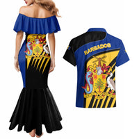 Barbados Flag and Coat of Arms Couples Matching Mermaid Dress and Hawaiian Shirt Blue Yellow Black Design with National Symbols - Wonder Print Shop