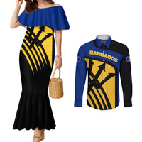 Barbados Flag and Coat of Arms Couples Matching Mermaid Dress and Long Sleeve Button Shirt Blue Yellow Black Design with National Symbols - Wonder Print Shop
