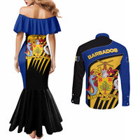 Barbados Flag and Coat of Arms Couples Matching Mermaid Dress and Long Sleeve Button Shirt Blue Yellow Black Design with National Symbols - Wonder Print Shop