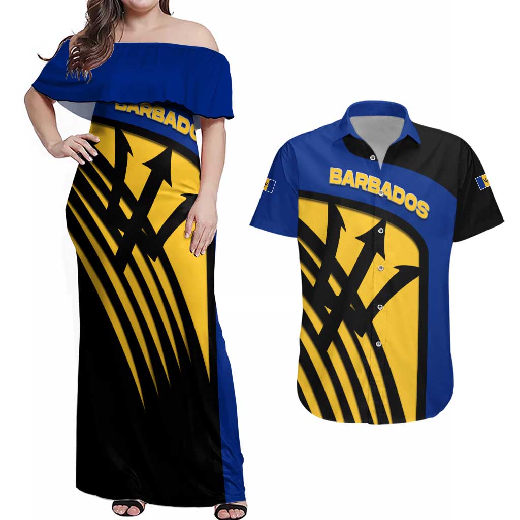Barbados Flag and Coat of Arms Couples Matching Off Shoulder Maxi Dress and Hawaiian Shirt Blue Yellow Black Design with National Symbols - Wonder Print Shop