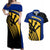 Barbados Flag and Coat of Arms Couples Matching Off Shoulder Maxi Dress and Hawaiian Shirt Blue Yellow Black Design with National Symbols - Wonder Print Shop