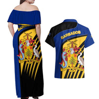 Barbados Flag and Coat of Arms Couples Matching Off Shoulder Maxi Dress and Hawaiian Shirt Blue Yellow Black Design with National Symbols - Wonder Print Shop
