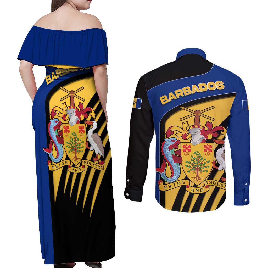 Barbados Flag and Coat of Arms Couples Matching Off Shoulder Maxi Dress and Long Sleeve Button Shirt Blue Yellow Black Design with National Symbols - Wonder Print Shop