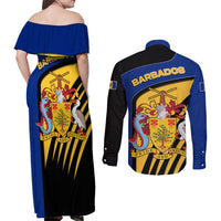 Barbados Flag and Coat of Arms Couples Matching Off Shoulder Maxi Dress and Long Sleeve Button Shirt Blue Yellow Black Design with National Symbols - Wonder Print Shop
