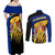 Barbados Flag and Coat of Arms Couples Matching Off Shoulder Maxi Dress and Long Sleeve Button Shirt Blue Yellow Black Design with National Symbols - Wonder Print Shop