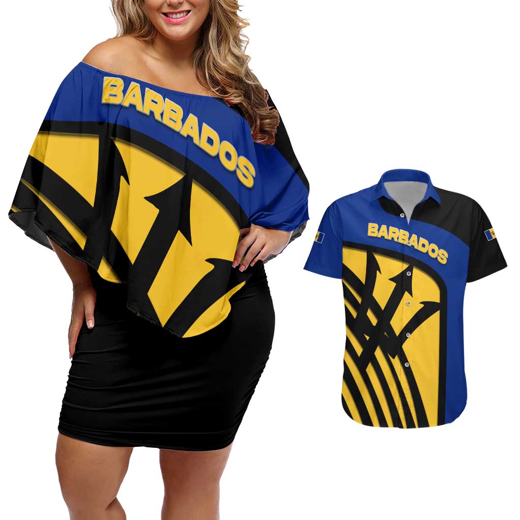 Barbados Flag and Coat of Arms Couples Matching Off Shoulder Short Dress and Hawaiian Shirt Blue Yellow Black Design with National Symbols - Wonder Print Shop