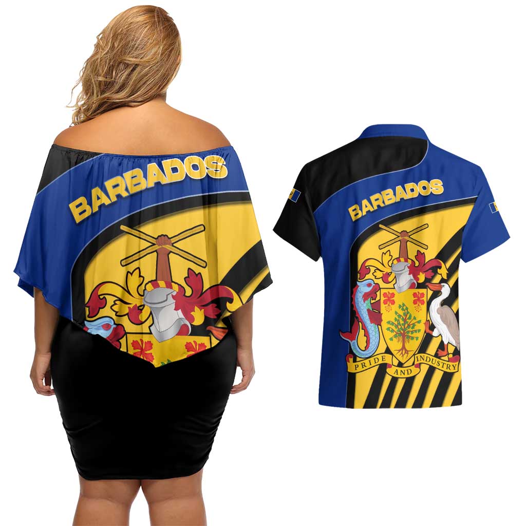 Barbados Flag and Coat of Arms Couples Matching Off Shoulder Short Dress and Hawaiian Shirt Blue Yellow Black Design with National Symbols - Wonder Print Shop