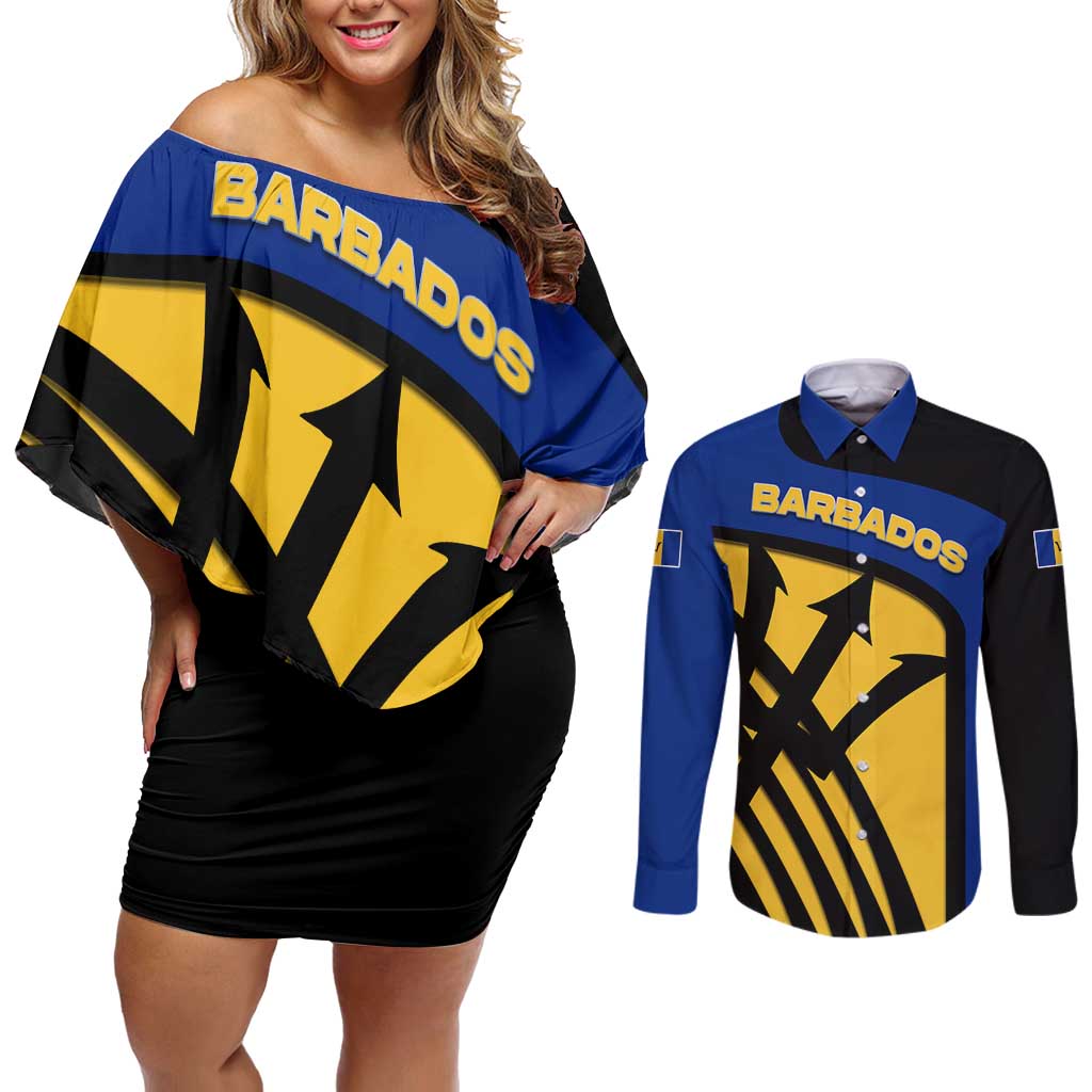 Barbados Flag and Coat of Arms Couples Matching Off Shoulder Short Dress and Long Sleeve Button Shirt Blue Yellow Black Design with National Symbols - Wonder Print Shop