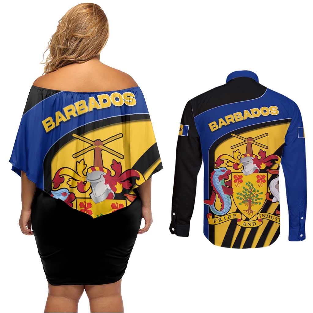 Barbados Flag and Coat of Arms Couples Matching Off Shoulder Short Dress and Long Sleeve Button Shirt Blue Yellow Black Design with National Symbols - Wonder Print Shop