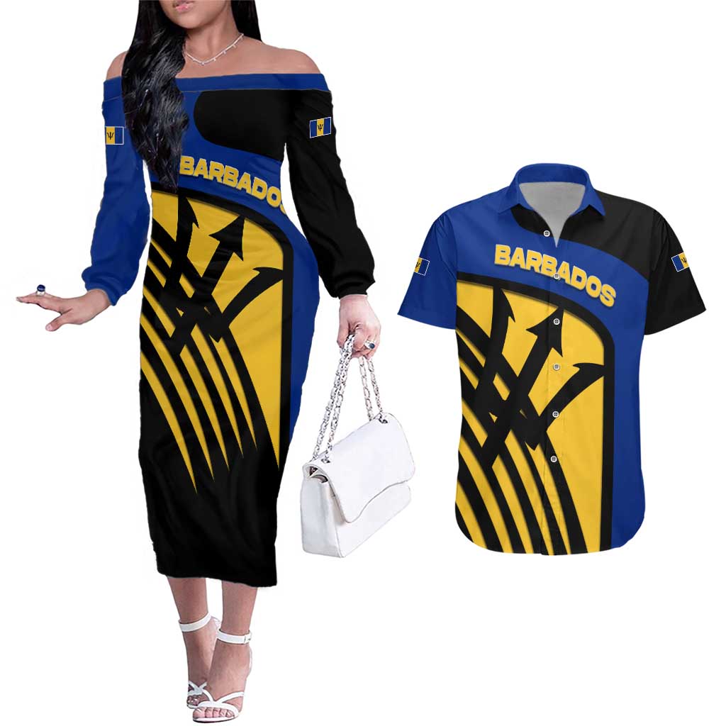 Barbados Flag and Coat of Arms Couples Matching Off The Shoulder Long Sleeve Dress and Hawaiian Shirt Blue Yellow Black Design with National Symbols - Wonder Print Shop