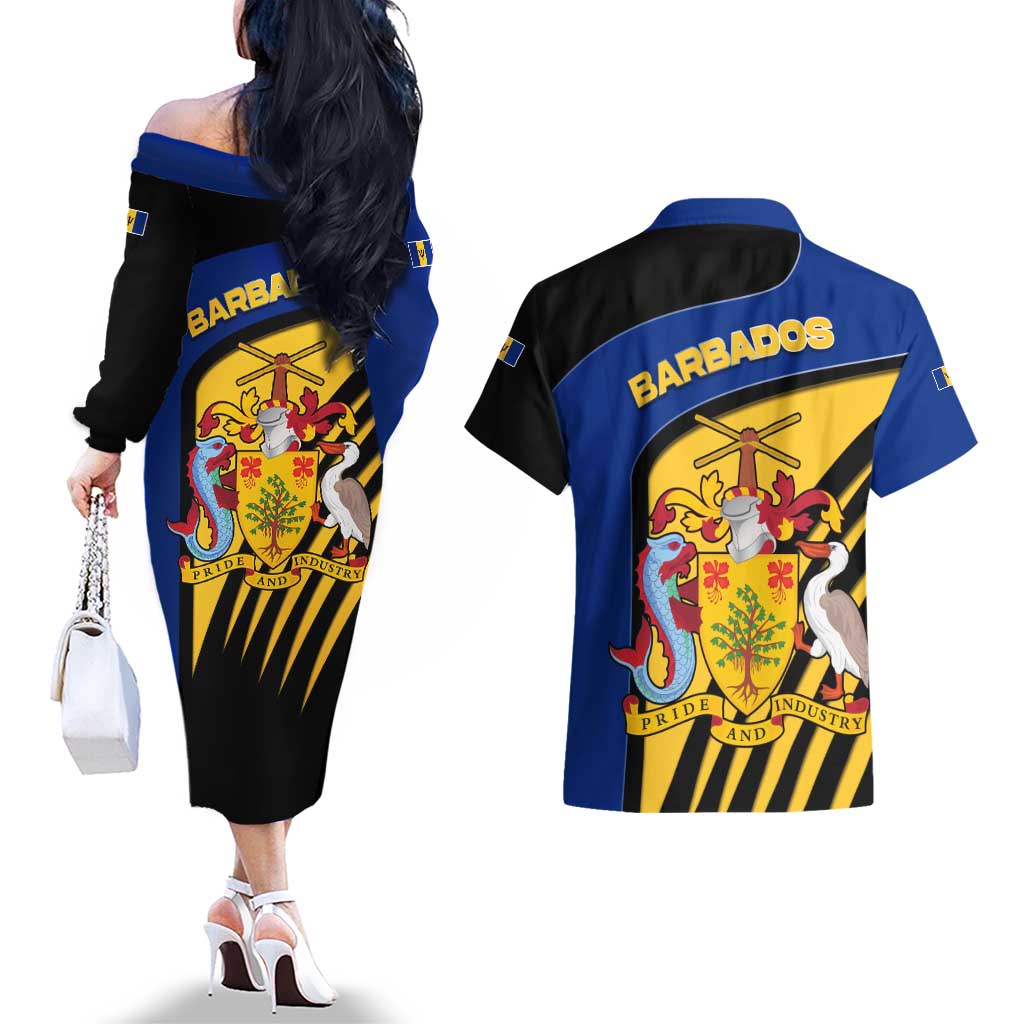 Barbados Flag and Coat of Arms Couples Matching Off The Shoulder Long Sleeve Dress and Hawaiian Shirt Blue Yellow Black Design with National Symbols - Wonder Print Shop