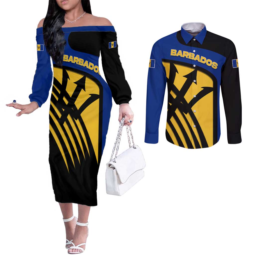 Barbados Flag and Coat of Arms Couples Matching Off The Shoulder Long Sleeve Dress and Long Sleeve Button Shirt Blue Yellow Black Design with National Symbols - Wonder Print Shop