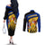 Barbados Flag and Coat of Arms Couples Matching Off The Shoulder Long Sleeve Dress and Long Sleeve Button Shirt Blue Yellow Black Design with National Symbols - Wonder Print Shop