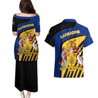 Barbados Flag and Coat of Arms Couples Matching Puletasi and Hawaiian Shirt Blue Yellow Black Design with National Symbols - Wonder Print Shop