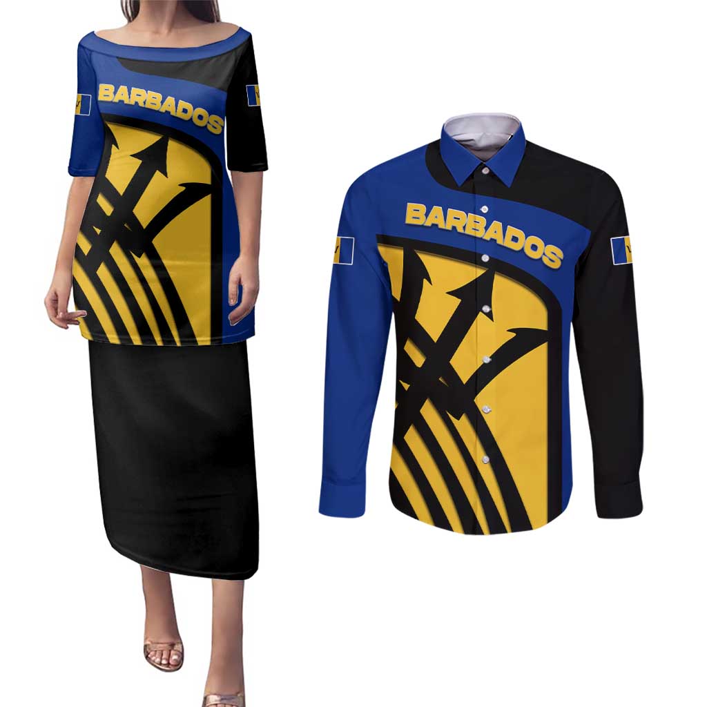 Barbados Flag and Coat of Arms Couples Matching Puletasi and Long Sleeve Button Shirt Blue Yellow Black Design with National Symbols - Wonder Print Shop