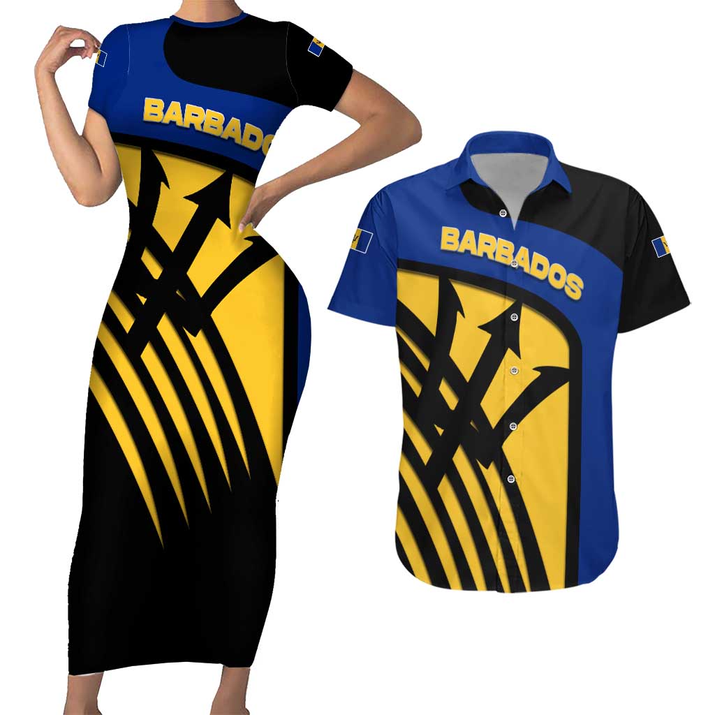 Barbados Flag and Coat of Arms Couples Matching Short Sleeve Bodycon Dress and Hawaiian Shirt Blue Yellow Black Design with National Symbols - Wonder Print Shop