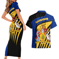 Barbados Flag and Coat of Arms Couples Matching Short Sleeve Bodycon Dress and Hawaiian Shirt Blue Yellow Black Design with National Symbols - Wonder Print Shop