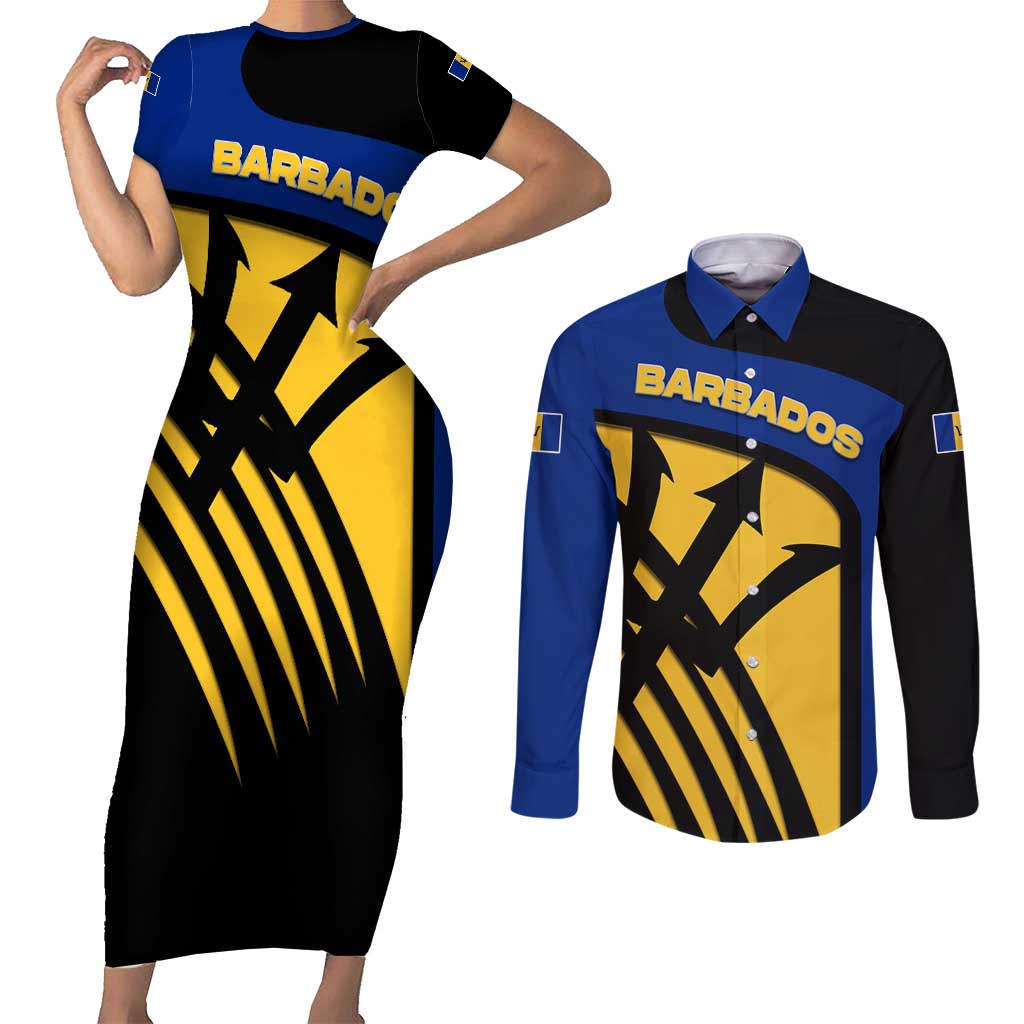 Barbados Flag and Coat of Arms Couples Matching Short Sleeve Bodycon Dress and Long Sleeve Button Shirt Blue Yellow Black Design with National Symbols - Wonder Print Shop