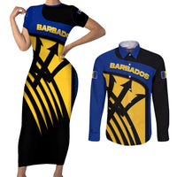 Barbados Flag and Coat of Arms Couples Matching Short Sleeve Bodycon Dress and Long Sleeve Button Shirt Blue Yellow Black Design with National Symbols - Wonder Print Shop