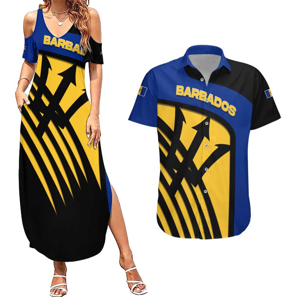 Barbados Flag and Coat of Arms Couples Matching Summer Maxi Dress and Hawaiian Shirt Blue Yellow Black Design with National Symbols - Wonder Print Shop