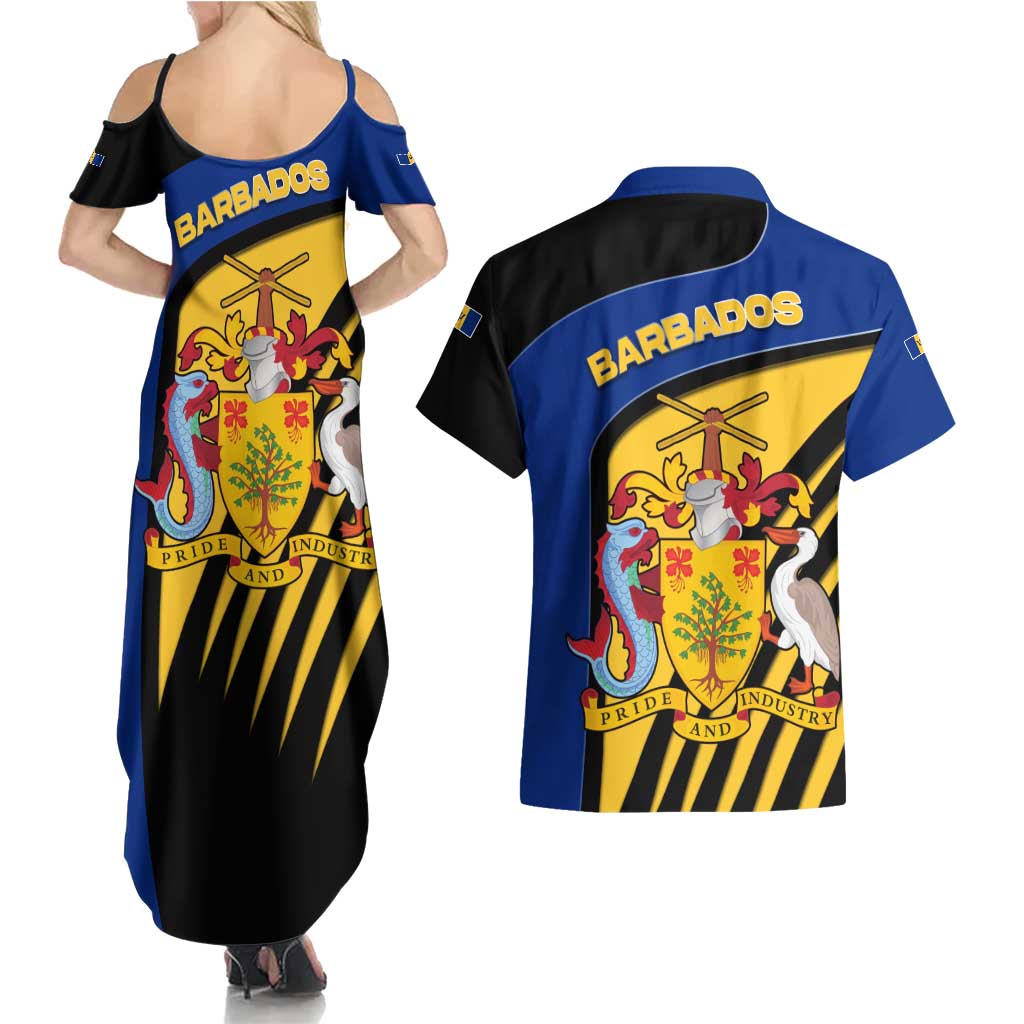 Barbados Flag and Coat of Arms Couples Matching Summer Maxi Dress and Hawaiian Shirt Blue Yellow Black Design with National Symbols - Wonder Print Shop