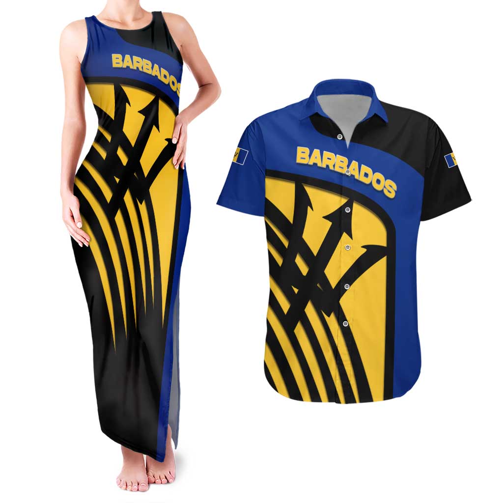 Barbados Flag and Coat of Arms Couples Matching Tank Maxi Dress and Hawaiian Shirt Blue Yellow Black Design with National Symbols - Wonder Print Shop