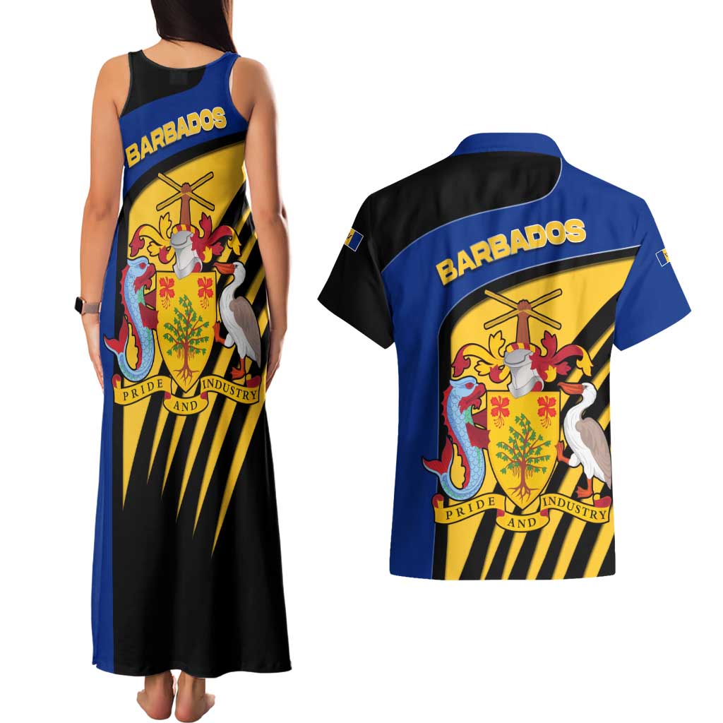 Barbados Flag and Coat of Arms Couples Matching Tank Maxi Dress and Hawaiian Shirt Blue Yellow Black Design with National Symbols - Wonder Print Shop