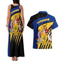 Barbados Flag and Coat of Arms Couples Matching Tank Maxi Dress and Hawaiian Shirt Blue Yellow Black Design with National Symbols - Wonder Print Shop