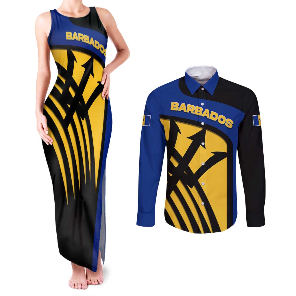 Barbados Flag and Coat of Arms Couples Matching Tank Maxi Dress and Long Sleeve Button Shirt Blue Yellow Black Design with National Symbols - Wonder Print Shop