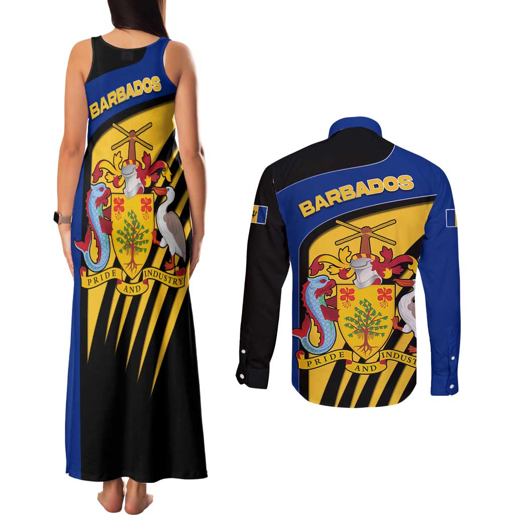 Barbados Flag and Coat of Arms Couples Matching Tank Maxi Dress and Long Sleeve Button Shirt Blue Yellow Black Design with National Symbols - Wonder Print Shop