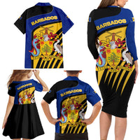 Barbados Flag and Coat of Arms Family Matching Long Sleeve Bodycon Dress and Hawaiian Shirt Blue Yellow Black Design with National Symbols - Wonder Print Shop