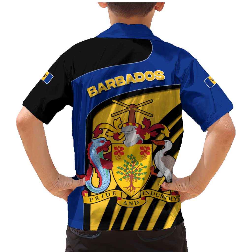 Barbados Flag and Coat of Arms Family Matching Mermaid Dress and Hawaiian Shirt Blue Yellow Black Design with National Symbols - Wonder Print Shop