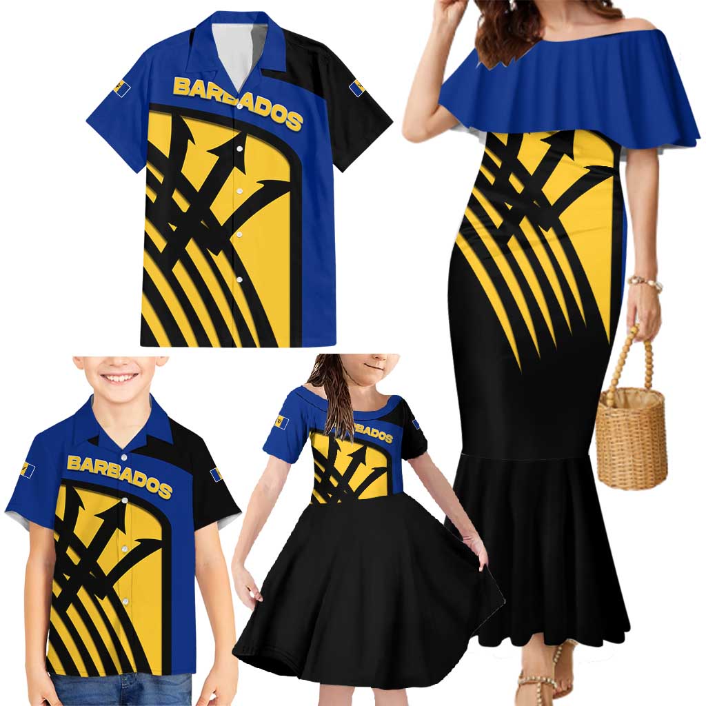 Barbados Flag and Coat of Arms Family Matching Mermaid Dress and Hawaiian Shirt Blue Yellow Black Design with National Symbols - Wonder Print Shop