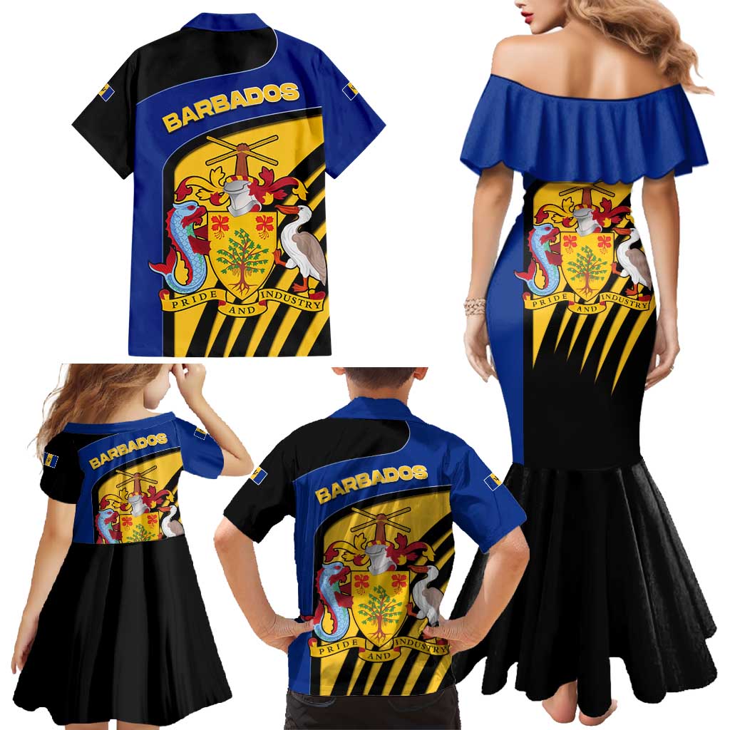Barbados Flag and Coat of Arms Family Matching Mermaid Dress and Hawaiian Shirt Blue Yellow Black Design with National Symbols - Wonder Print Shop
