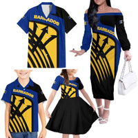 Barbados Flag and Coat of Arms Family Matching Off The Shoulder Long Sleeve Dress and Hawaiian Shirt Blue Yellow Black Design with National Symbols - Wonder Print Shop