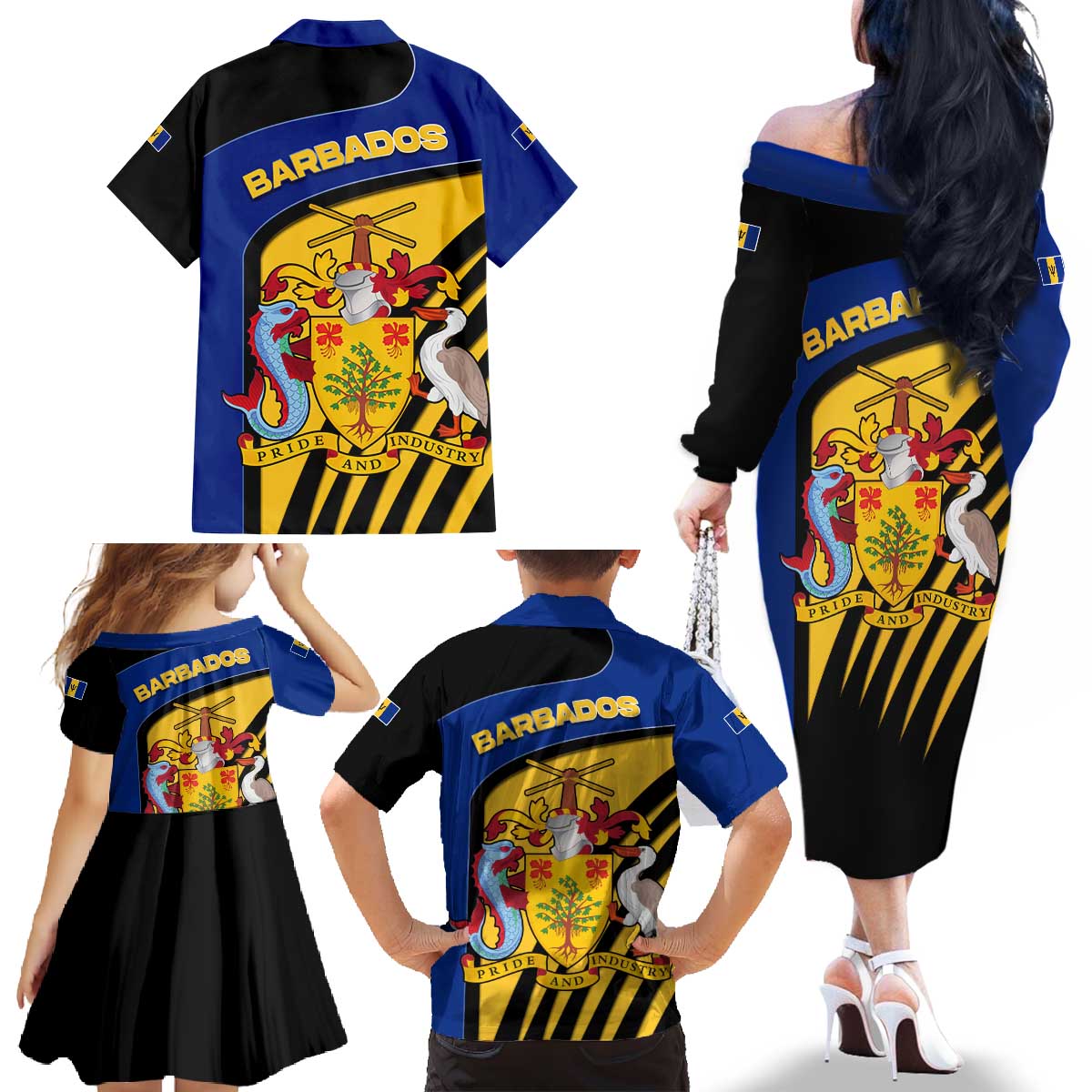 Barbados Flag and Coat of Arms Family Matching Off The Shoulder Long Sleeve Dress and Hawaiian Shirt Blue Yellow Black Design with National Symbols - Wonder Print Shop