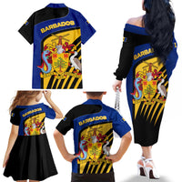 Barbados Flag and Coat of Arms Family Matching Off The Shoulder Long Sleeve Dress and Hawaiian Shirt Blue Yellow Black Design with National Symbols - Wonder Print Shop