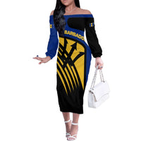 Barbados Flag and Coat of Arms Family Matching Off The Shoulder Long Sleeve Dress and Hawaiian Shirt Blue Yellow Black Design with National Symbols - Wonder Print Shop