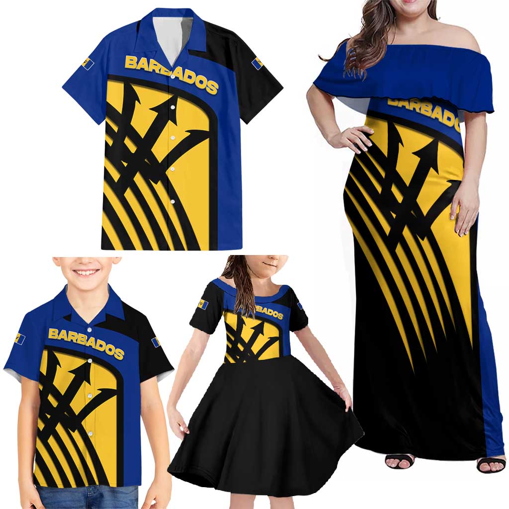 Barbados Flag and Coat of Arms Family Matching Off Shoulder Maxi Dress and Hawaiian Shirt Blue Yellow Black Design with National Symbols - Wonder Print Shop