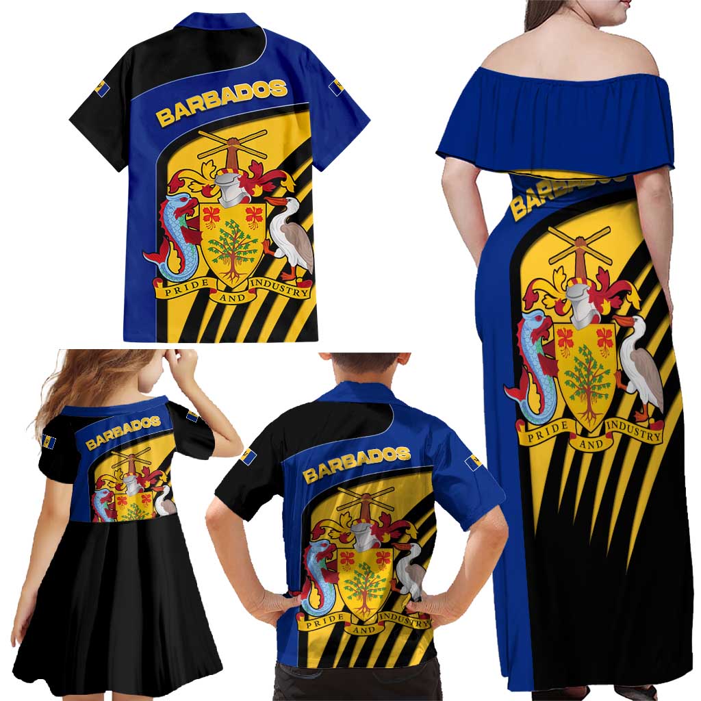 Barbados Flag and Coat of Arms Family Matching Off Shoulder Maxi Dress and Hawaiian Shirt Blue Yellow Black Design with National Symbols - Wonder Print Shop