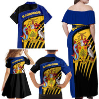 Barbados Flag and Coat of Arms Family Matching Off Shoulder Maxi Dress and Hawaiian Shirt Blue Yellow Black Design with National Symbols - Wonder Print Shop