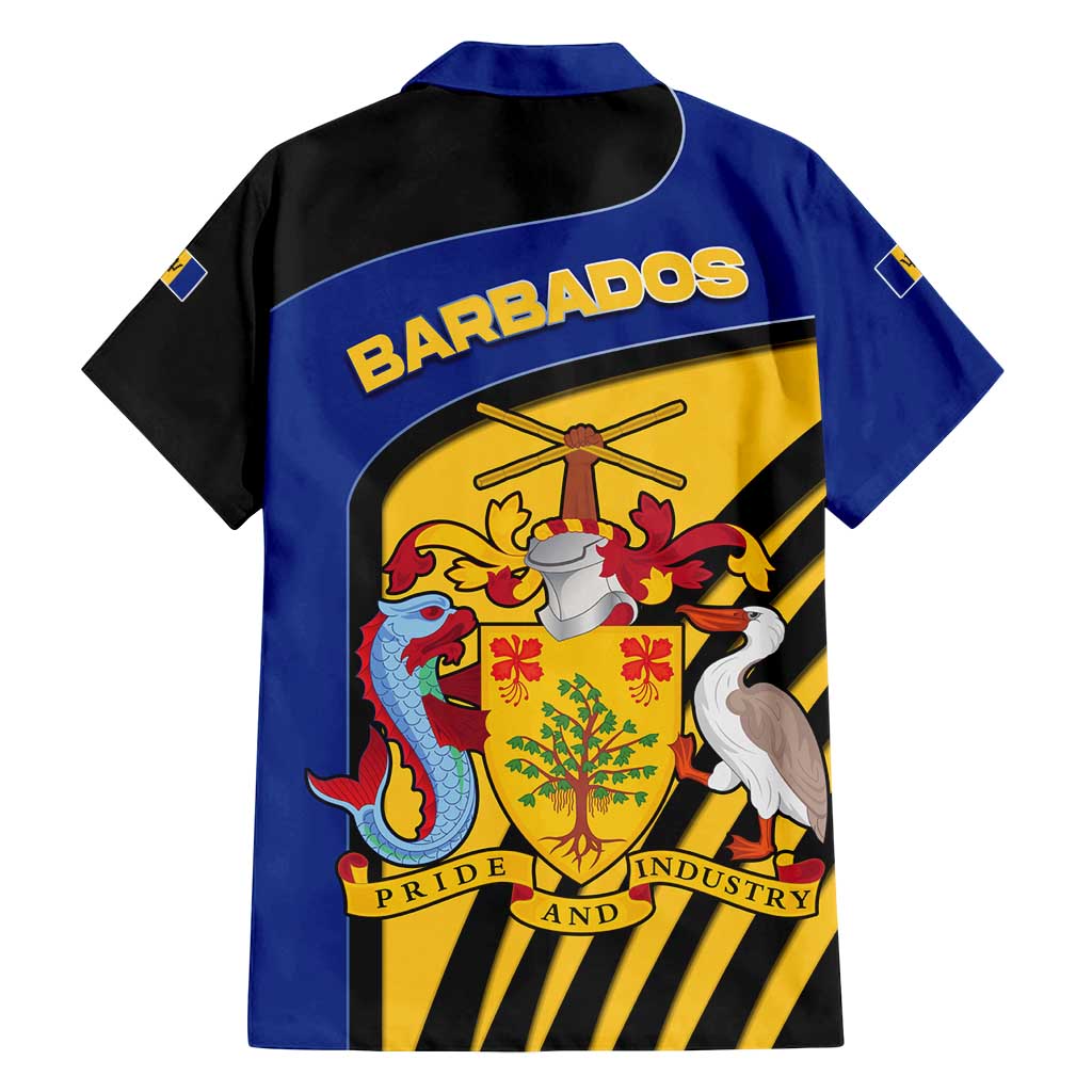 Barbados Flag and Coat of Arms Family Matching Off Shoulder Maxi Dress and Hawaiian Shirt Blue Yellow Black Design with National Symbols - Wonder Print Shop