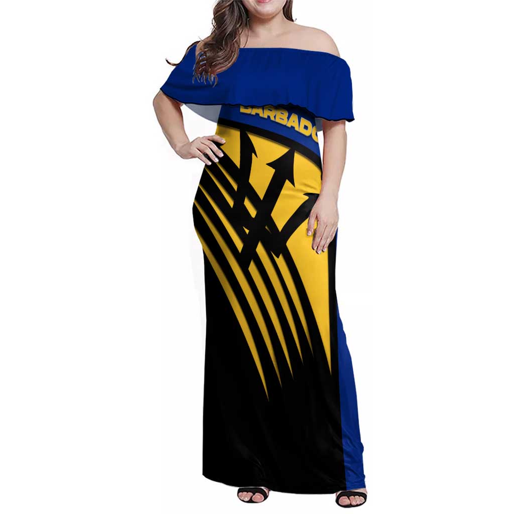 Barbados Flag and Coat of Arms Family Matching Off Shoulder Maxi Dress and Hawaiian Shirt Blue Yellow Black Design with National Symbols - Wonder Print Shop