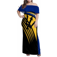 Barbados Flag and Coat of Arms Family Matching Off Shoulder Maxi Dress and Hawaiian Shirt Blue Yellow Black Design with National Symbols - Wonder Print Shop