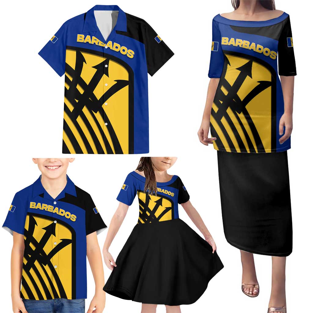Barbados Flag and Coat of Arms Family Matching Puletasi and Hawaiian Shirt Blue Yellow Black Design with National Symbols - Wonder Print Shop