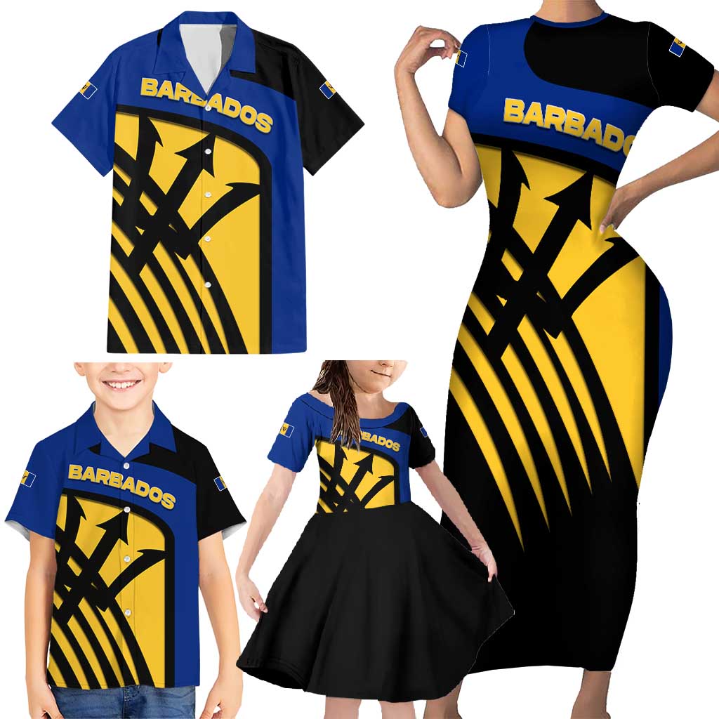 Barbados Flag and Coat of Arms Family Matching Short Sleeve Bodycon Dress and Hawaiian Shirt Blue Yellow Black Design with National Symbols - Wonder Print Shop