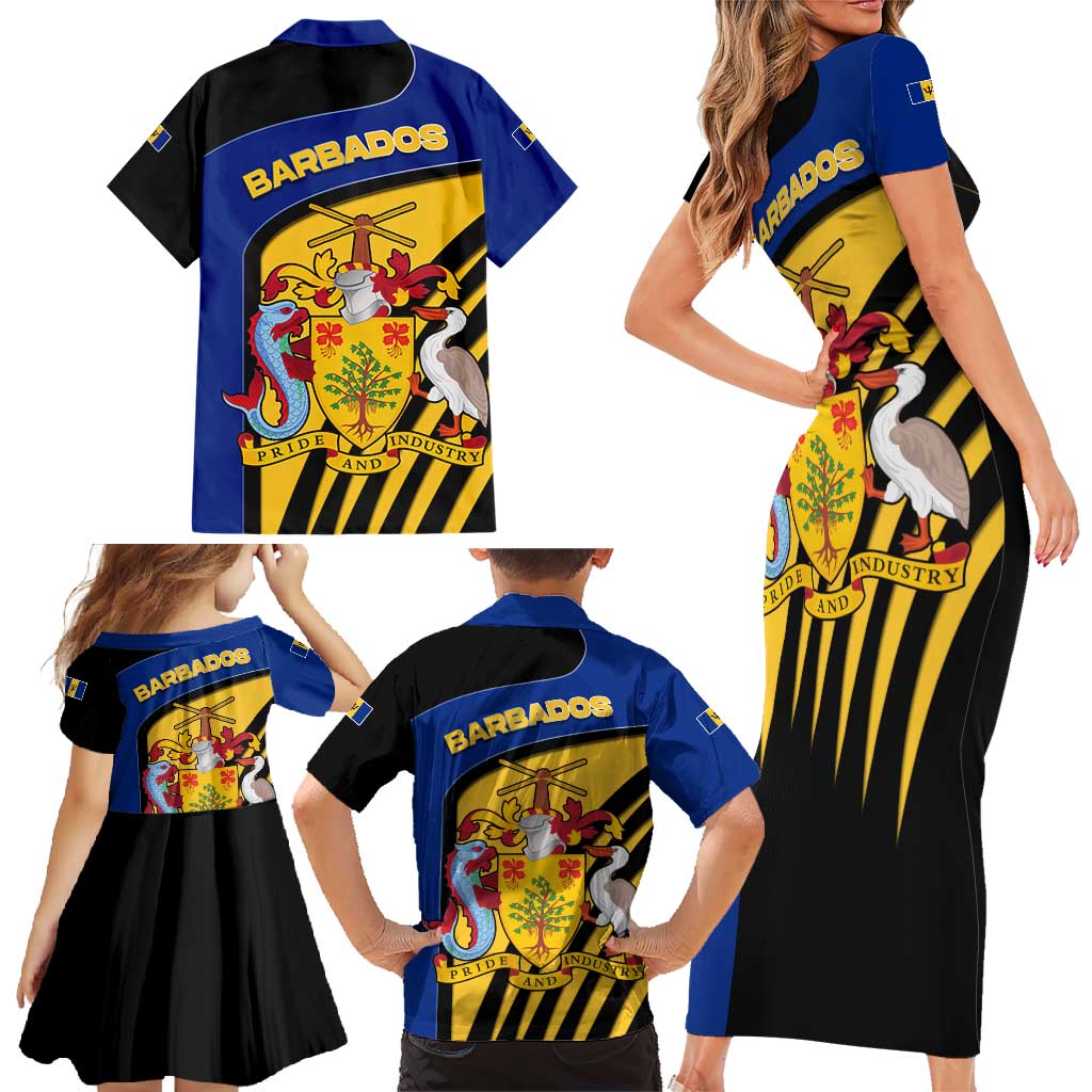 Barbados Flag and Coat of Arms Family Matching Short Sleeve Bodycon Dress and Hawaiian Shirt Blue Yellow Black Design with National Symbols - Wonder Print Shop