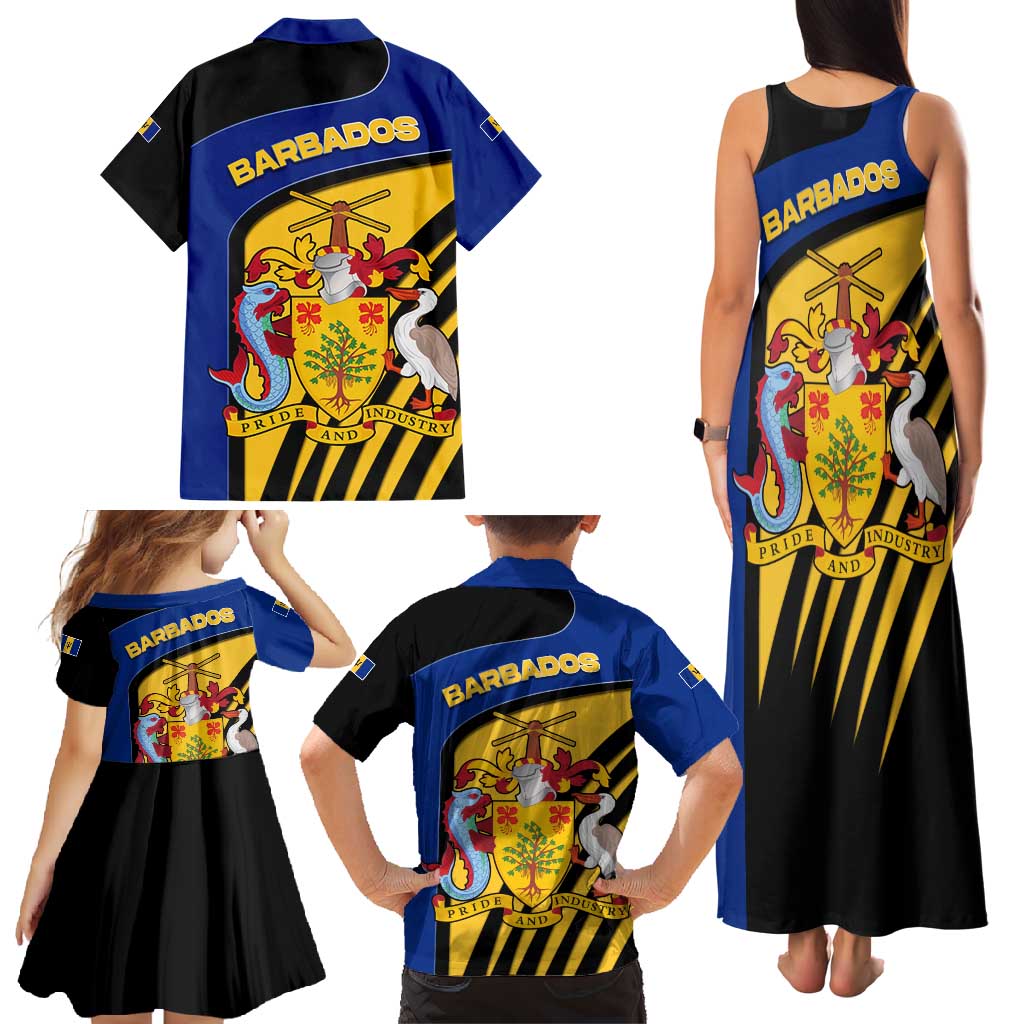 Barbados Flag and Coat of Arms Family Matching Tank Maxi Dress and Hawaiian Shirt Blue Yellow Black Design with National Symbols - Wonder Print Shop